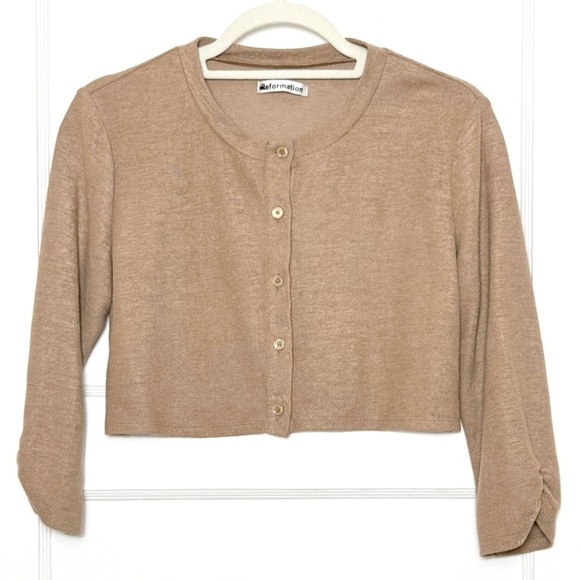 REFORMATION Recycled Knit Ruched 3/4 Sleeve Button Up Cropped Cardigan Sweater M - Picture 4 of 10